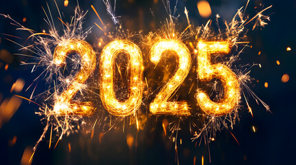 A shining, golden 2025 number surrounded by fireworks