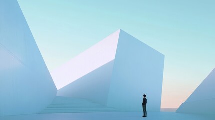 Obraz premium A solitary figure stands in a minimalist landscape of abstract geometric shapes, evoking contemplation and tranquility.