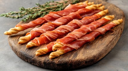 Savory Prosciutto Wrapped Breadsticks on Wooden Board