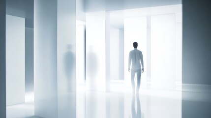 A solitary figure walks through a bright, ethereal space filled with soft light and abstract shapes, evoking a sense of tranquility.