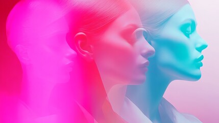 A striking profile of a modern woman featuring vibrant neon colors, showcasing a unique blend of light and shadow in a creative composition.