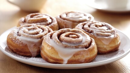 Freshly Baked Cinnamon Rolls with Glaze on Plate