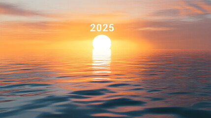 A bright sunrise over a calm ocean with '2025' glowing in the sky