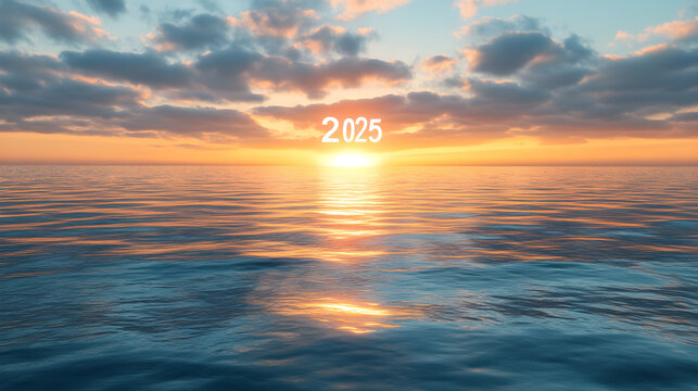 A bright sunrise over a calm ocean with '2025' glowing in the sky