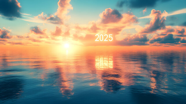 A bright sunrise over a calm ocean with '2025' glowing in the sky