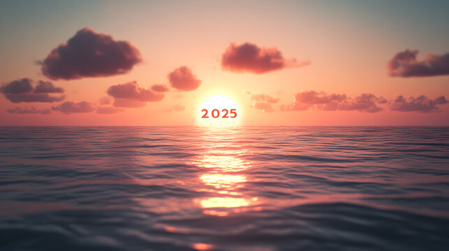 A bright sunrise over a calm ocean with '2025' glowing in the sky