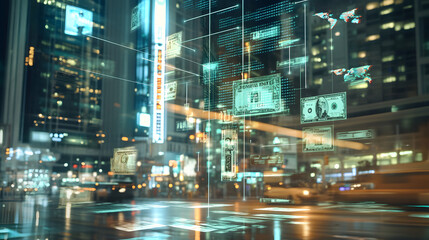 Fototapeta premium Digital representation of asset value and market price in cityscape