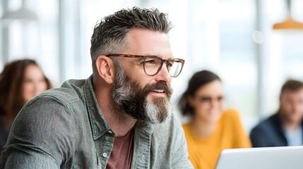 Engaged man smiling during a collaborative work session