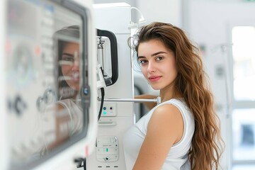A woman with long brown hair is standing in front of a machine