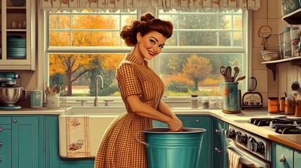 Smiling housewife in her kitchen retro style vintage colors