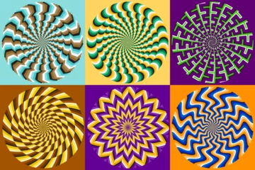 Vector set of circular striped patterns. Colorful circles with optical illusion of moving. Templates for background design. © PerepadiaY
