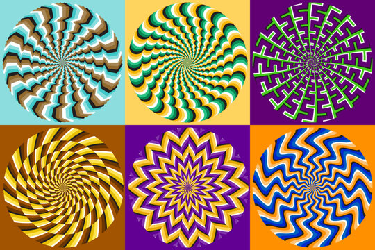 Vector set of circular striped patterns. Colorful circles with optical illusion of moving. Templates for background design.