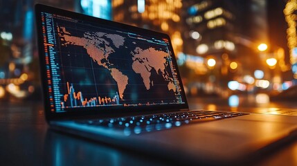A laptop displays dynamic stock market trends against a vivid city light backdrop, highlighting the fast-paced nature of modern financial environments.