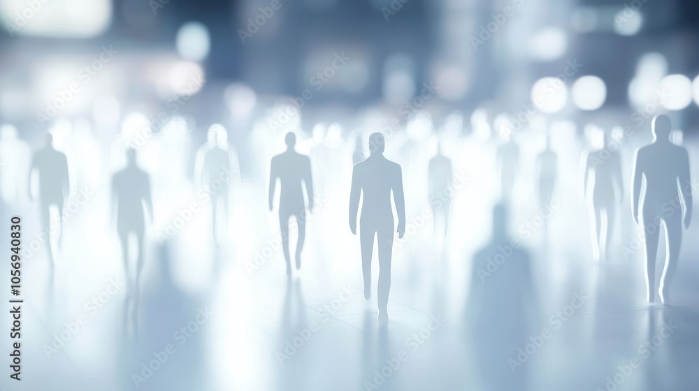 Poster a surreal scene of illuminated silhouettes walking through a misty landscape, creating an ethereal a