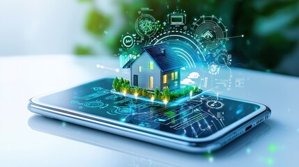 Fototapeta premium A cell phone screen shows a house with a green roof and a green garden