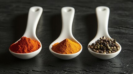 Three types of pepper spices with distinct colors are neatly arranged in white ceramic spoons on a dark surface, showcasing culinary richness and organization. - Powered by Adobe