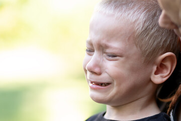A portrait of a crying boy with his mother behind him