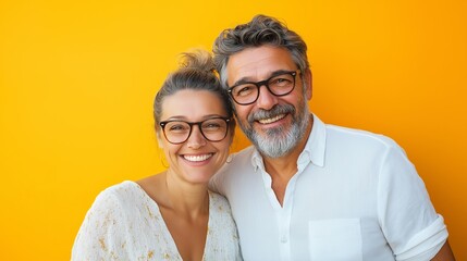 portrait of a smiling middle-aged couple wearing eyeglasses, posing against a vibrant yellow background with copy space, exuding joy and fun while looking directly at the camera, isolated over a brigh