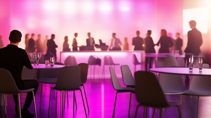 A vibrant event scene with silhouettes of people socializing at a bar, illuminated by colorful lights, capturing the essence of nightlife.