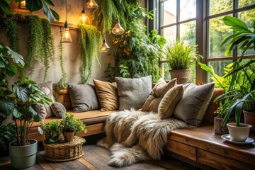 Fototapeta premium Serene Cozy Corner with Lush Green Plants and Natural Light in a Tranquil Setting for Relaxation and Wellness