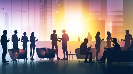 Fototapeta premium A vibrant social gathering featuring silhouettes of people mingling against a backdrop of soft, colorful light.