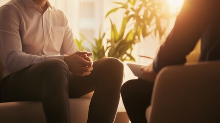 A warm and inviting therapy session scene, featuring individuals engaged in deep conversation surrounded by natural light.