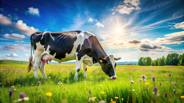 Serene Summer Pasture with Holstein Cow Chewing Cud Under Clear Blue Sky - Perfect Profile View for Stock Photography
