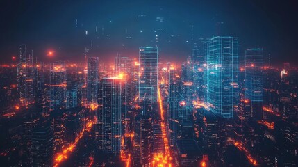 Futuristic Cityscape with Digital Overlays and Glowing Lights