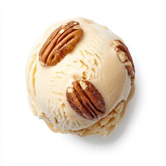 Single scoop of butter pecan ice cream isolated on white background, showcasing detailed texture and pecan nuts