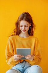 Fototapeta premium A young woman in a yellow sweater is sitting on a chair and looking at a tablet