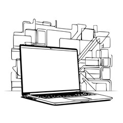 Vector open laptop with abstract minimalist elements on transparent background