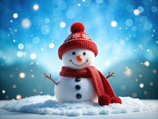 Obraz premium Snowman in Red Hat and Scarf on Blue Snowy Background for Product Photography, Flyer, and Letterhead Design with Clean White Sheet for Custom Text Signage