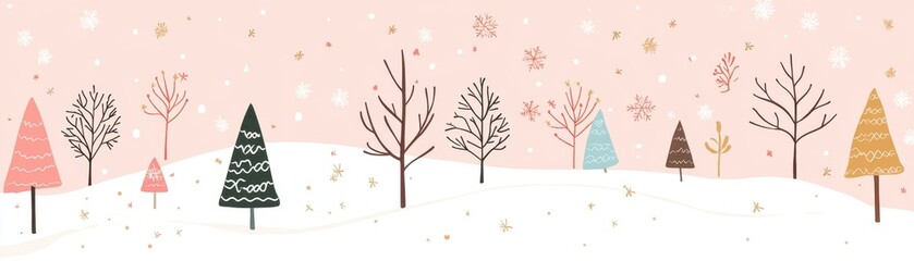 Whimsical Winter Landscape with Snow-Covered Trees and Minimalist Christmas Trees
