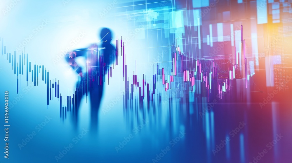 Poster abstract financial analysis background with a silhouette and digital graphs representing market tren