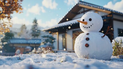 Obraz premium 日本の家の庭で作られた雪だるま