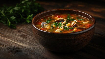 Fresh Seafood Soup in Rustic Bowl on Wooden Table