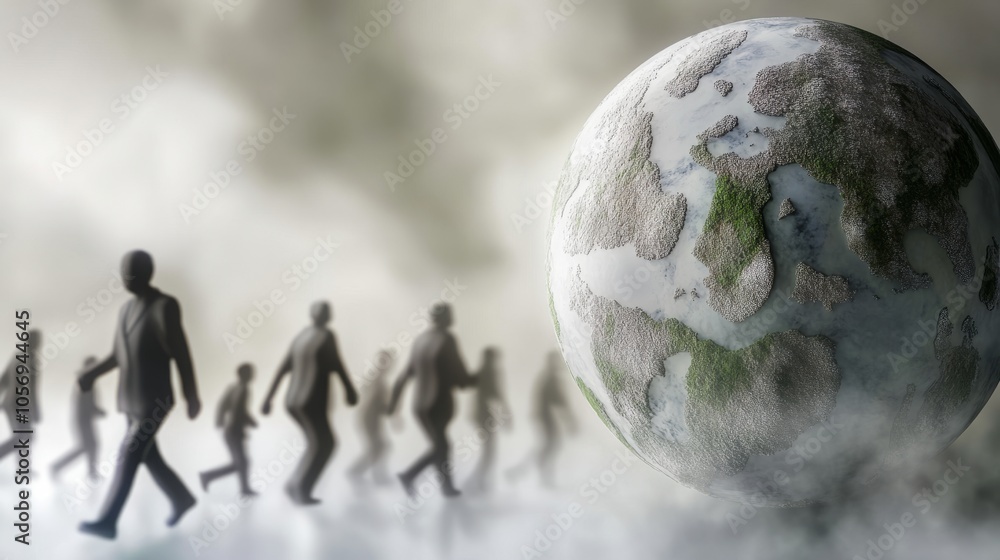 Aufkleber an abstract representation of human figures walking towards a globe, symbolizing global connection a