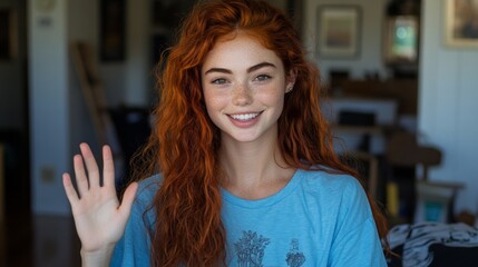A cheerful influencer with striking red hair waves hello in a warm, inviting home filled with natural light, engaging with followers in a friendly manner