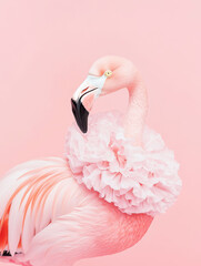 Fototapeta premium Elegantly styled flamingo in haute couture fashion against a pastel pink background, showcasing whimsical and creative design with soft feather details and delicate fabric ruffles.