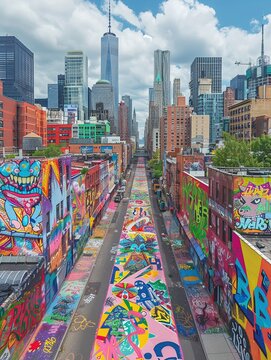 A bustling city street covered in colorful graffiti art, each wall exploding with vivid hues and geometric patterns Camera Angle