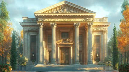 Obraz premium A grand neoclassical building surrounded by vibrant autumn foliage.