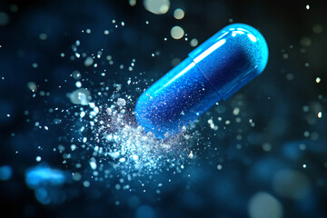 Macro shot of a single blue capsule split open with tiny powder particles spilling out, highlighting the potency of modern drugs.