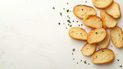 Crispy Bread Slices with Herbs on White Background