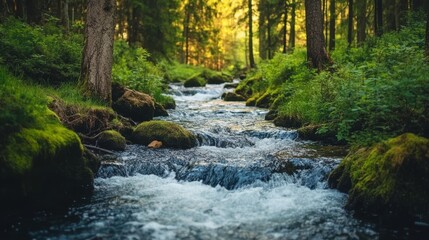Obraz premium Tranquil Stream Flowing Through a Lush Forest