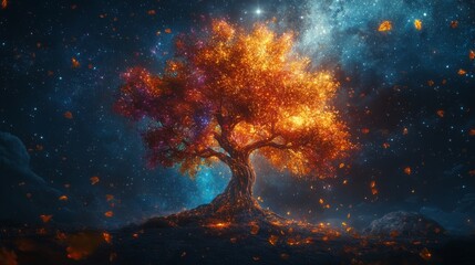 A Glowing Tree Under a Starry Night Sky