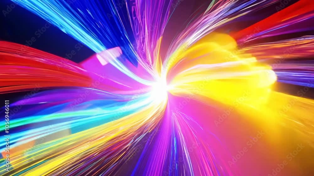Poster colorful streaks of light converge at a central point, creating a vibrant and dynamic visual