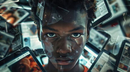 Modern youth culture and constant connectivity. African-American teenager's face engulfed by multiple screens, symbolizing digital overload and technology dependency