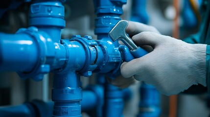 A professional plumber expertly adjusts vibrant blue pipes with a wrench, showcasing skilled craftsmanship and dedication to maintenance and repair tasks.