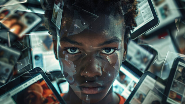 Modern youth culture and constant connectivity. African-American teenager's face engulfed by multiple screens, symbolizing digital overload and technology dependency