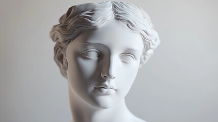 Close-up of a classic marble sculpture of a woman's head, highlighting intricate details and serene expression.